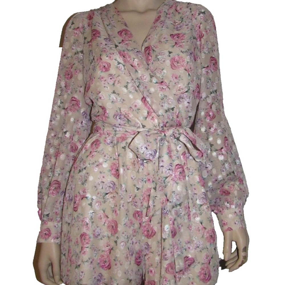 EXPRESS Floral V Neck Long Sleeve Tie-Belt Romper Party Dress